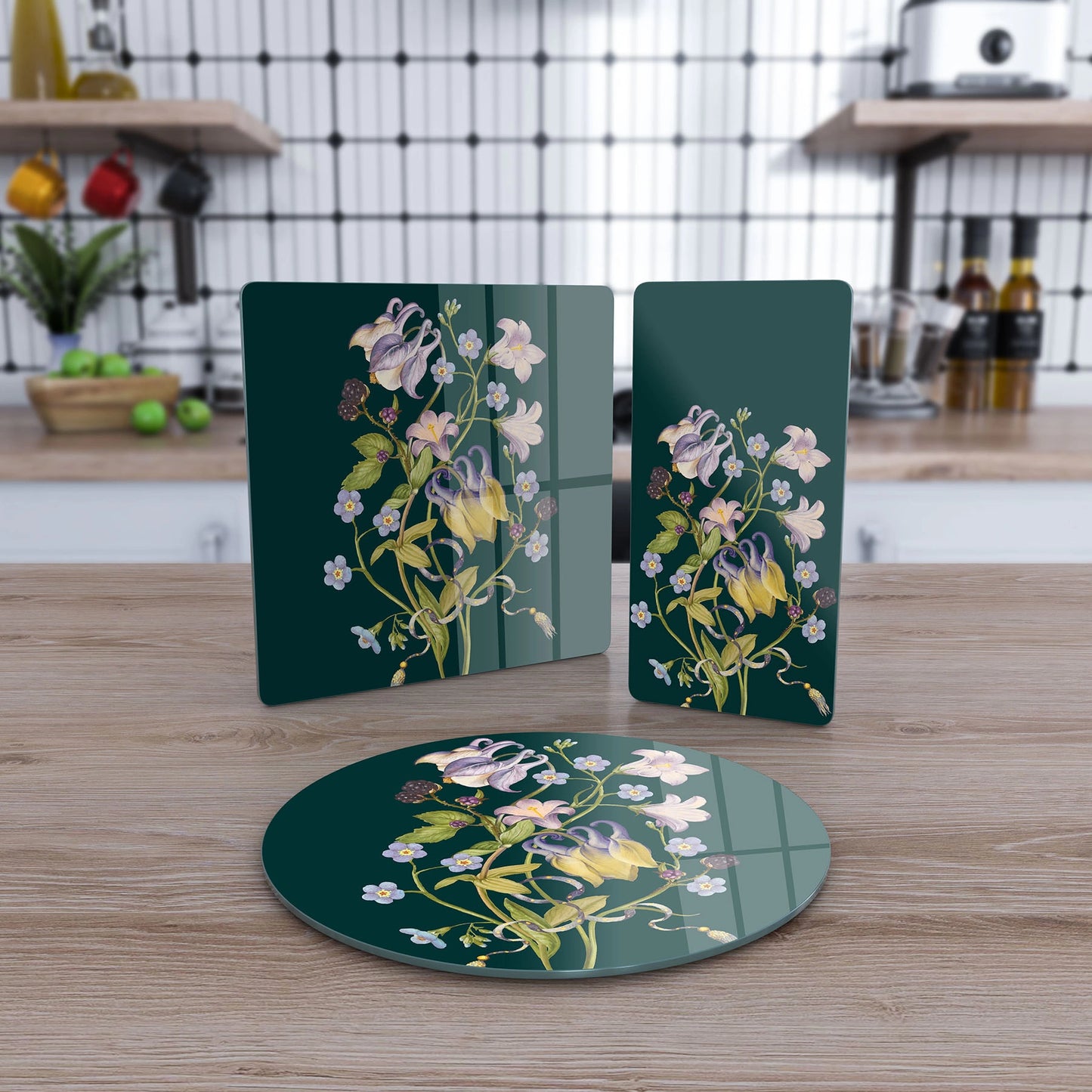 Vivantes 3 piece glass serving set - Green Viny Flowers