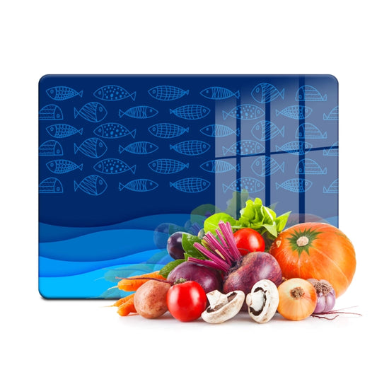 Tempered Glass Cutting Board - Deep Blue with Fish