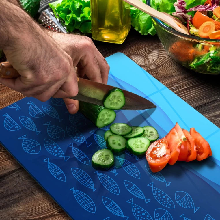 Tempered Glass Cutting Board - Deep Blue with Fish