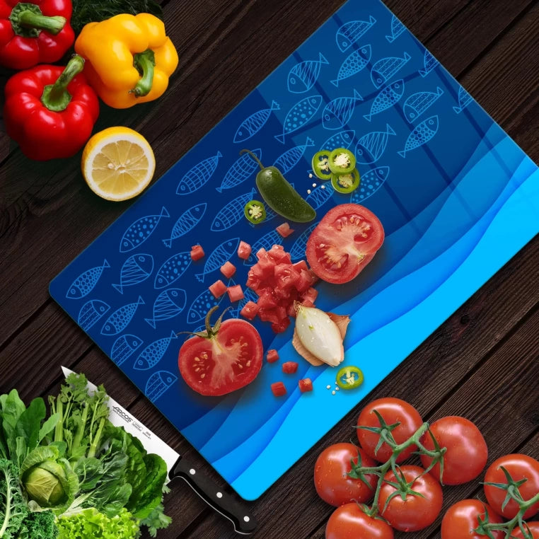 Tempered Glass Cutting Board - Deep Blue with Fish