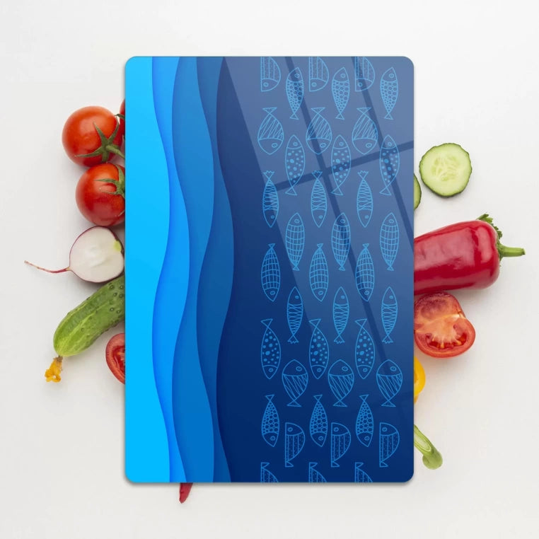 Tempered Glass Cutting Board - Deep Blue with Fish