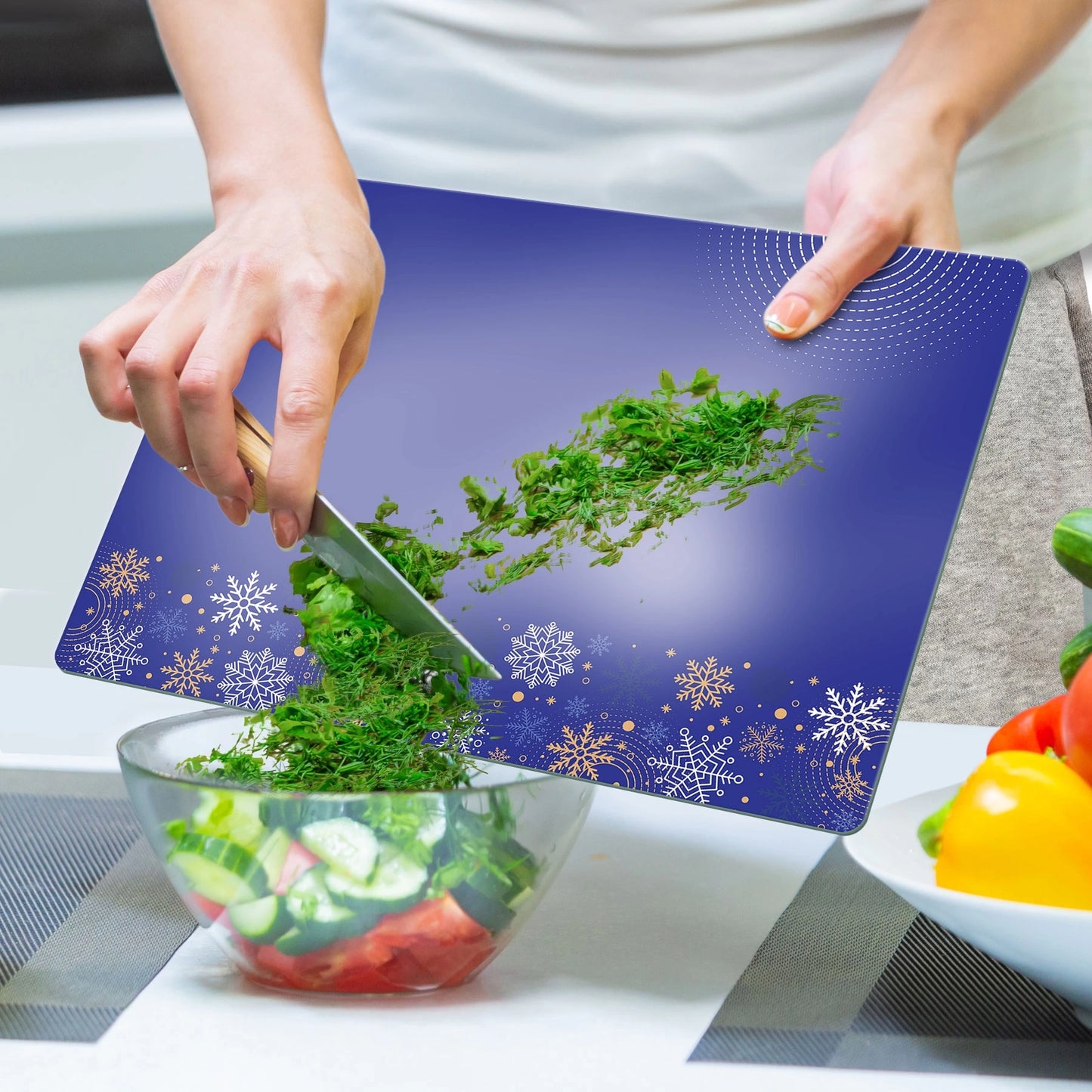 Tempered Glass Cutting Board -  Blue Christmas