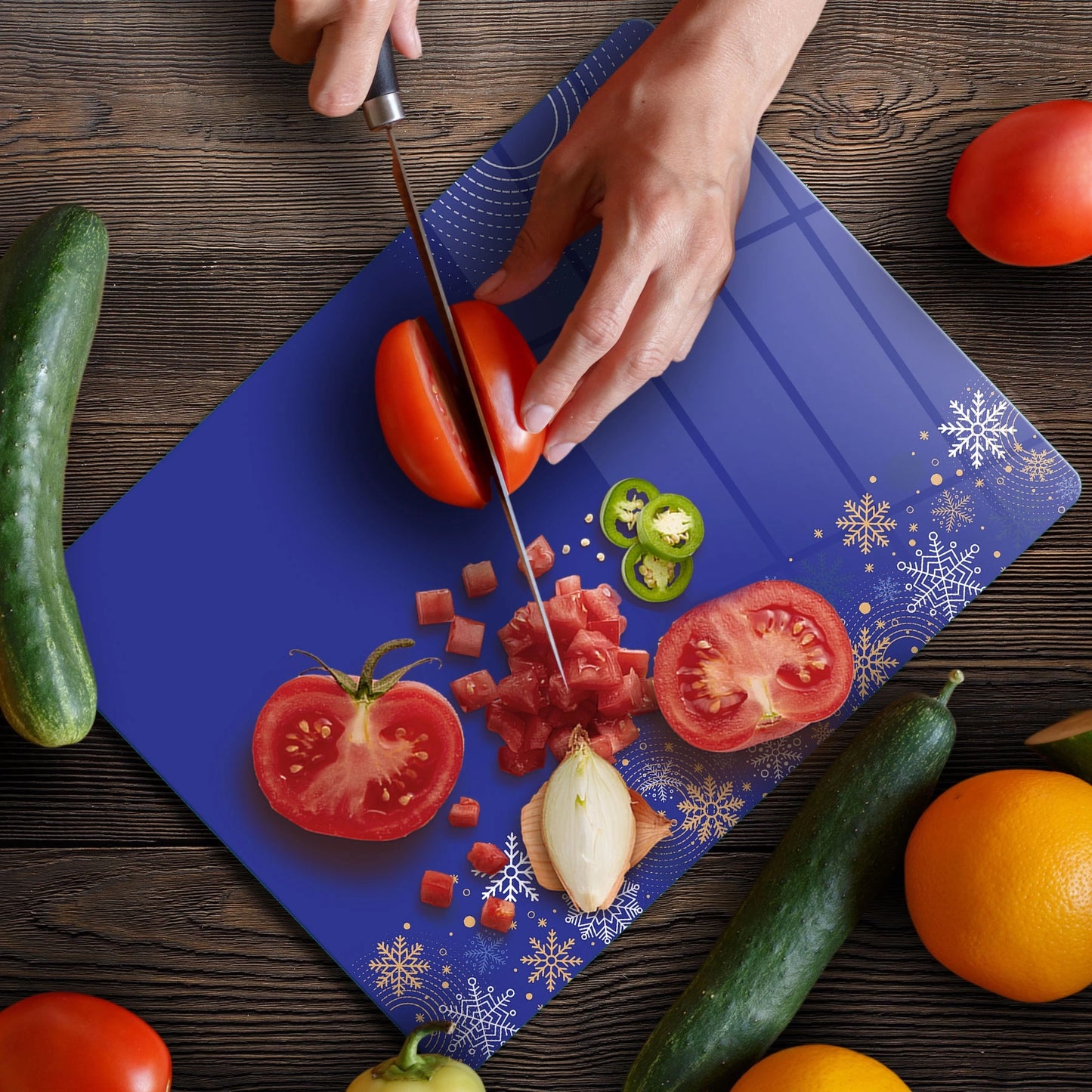 Tempered Glass Cutting Board -  Blue Christmas