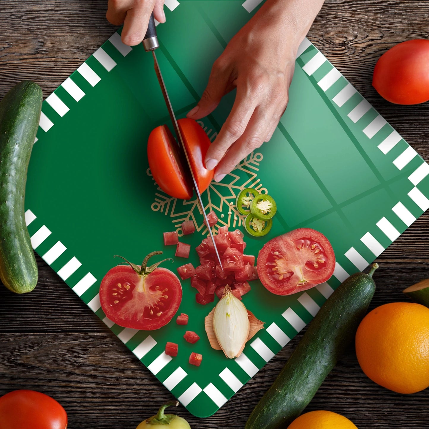 Tempered Glass Square Cutting Board - Christmas Green Snowflakes