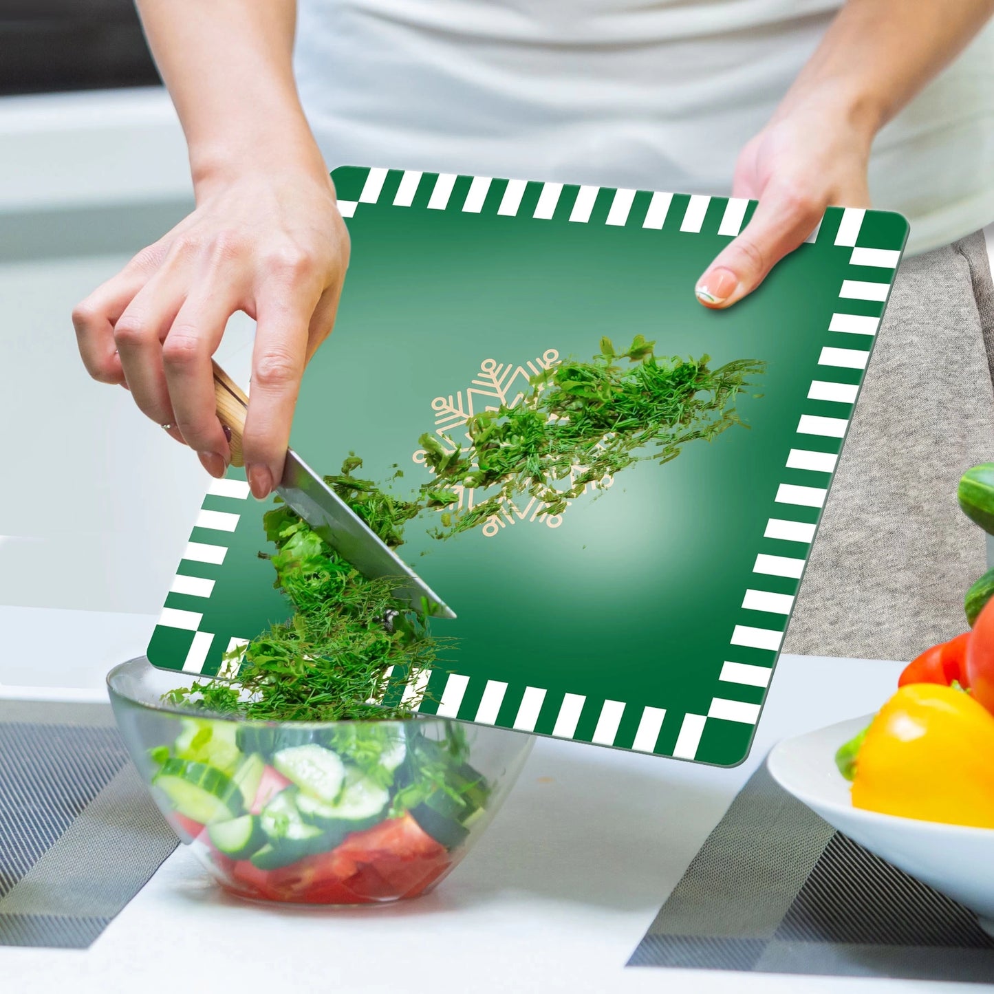 Tempered Glass Square Cutting Board - Christmas Green Snowflakes