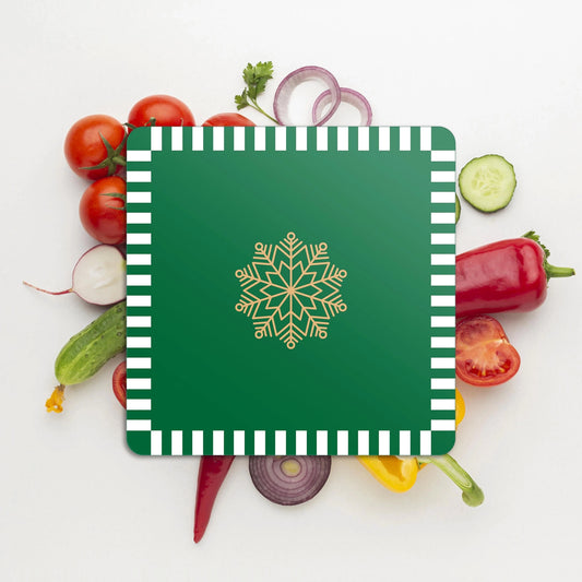 Tempered Glass Square Cutting Board - Christmas Green Snowflakes