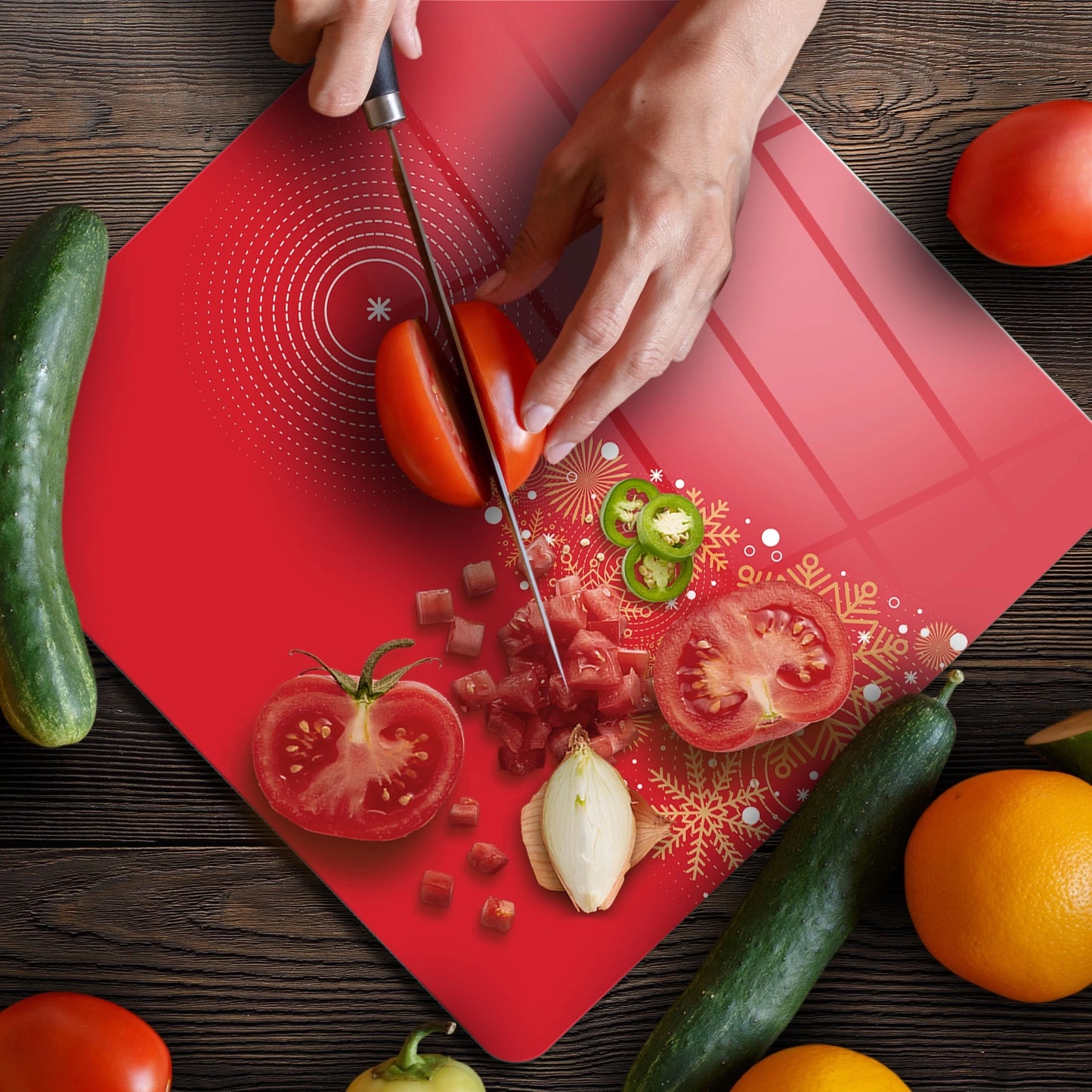 Tempered Glass Square Cutting Board - Christmas Red Christmastree