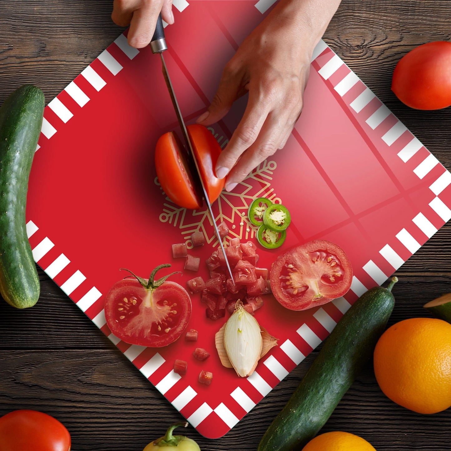 Tempered Glass Square Cutting Board - Christmas Red Snowflakes