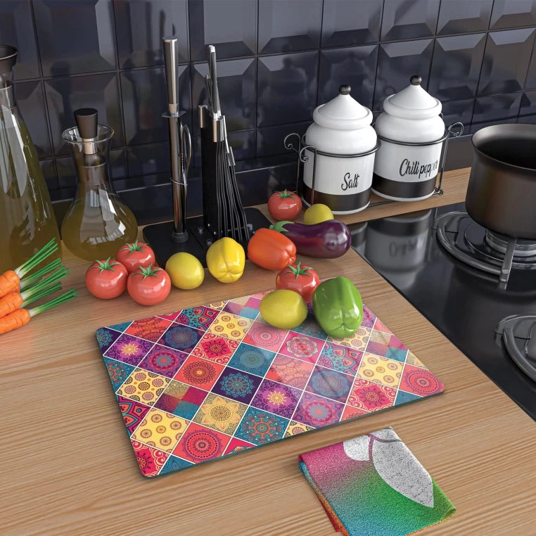 Tempered Glass Cutting Board - Small Colorful Tiles