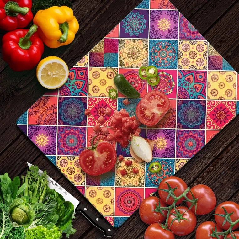 Tempered Glass Cutting Board - Small Colorful Tiles