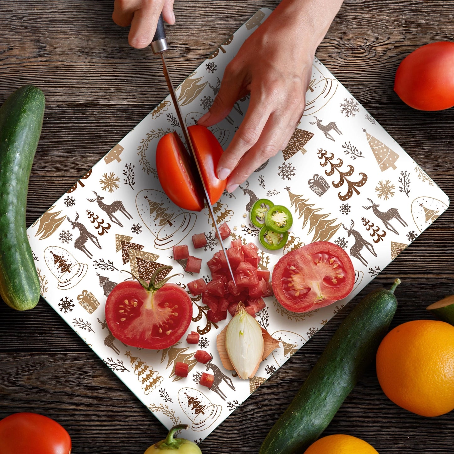 Tempered Glass Cutting Board - Brown Christmas