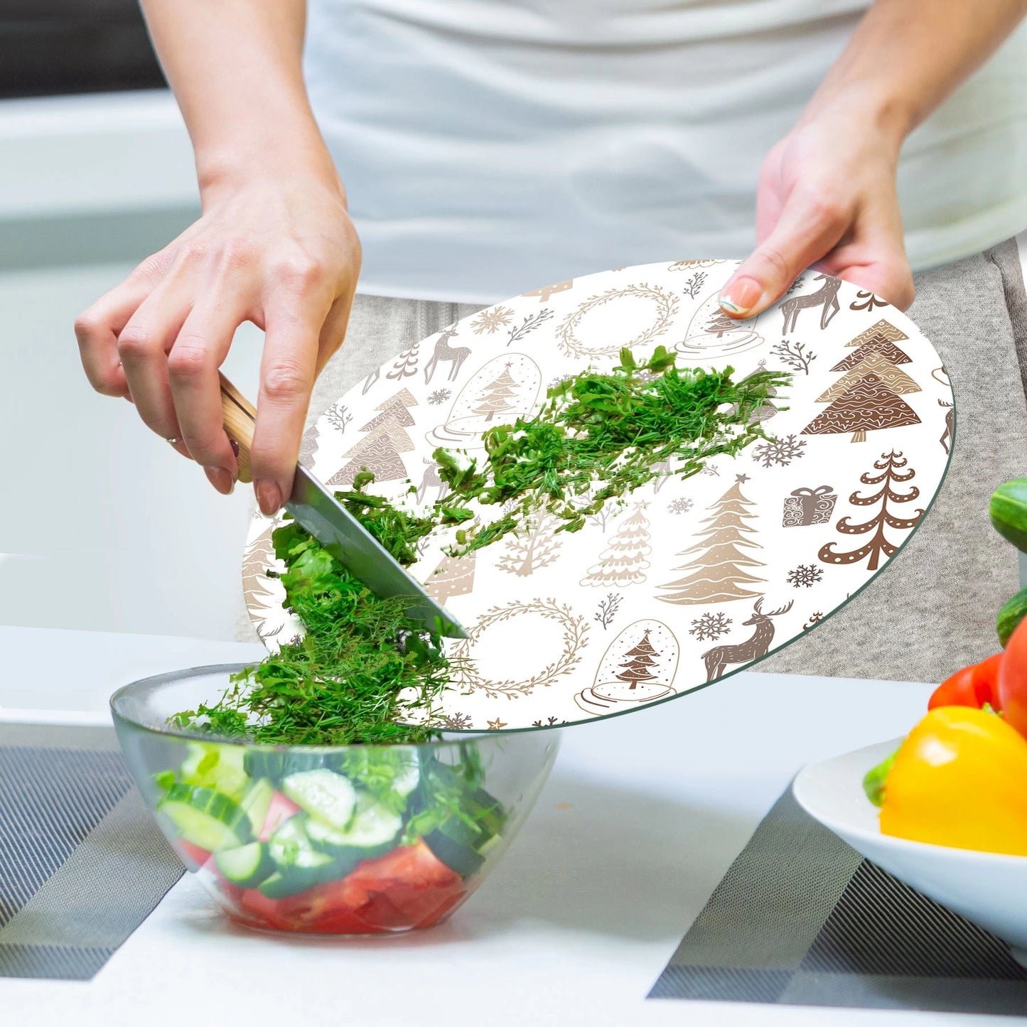 Tempered 12 inch Round Glass Cutting Board - Brown Christmas