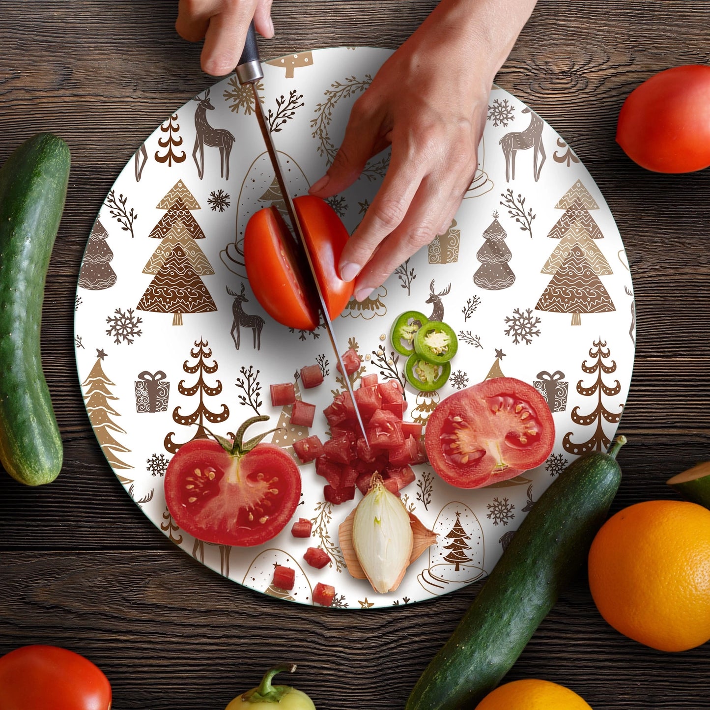 Tempered 12 inch Round Glass Cutting Board - Brown Christmas