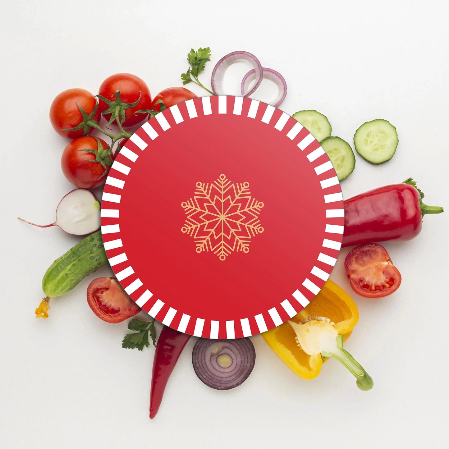 Tempered 12 inch Round Glass Cutting Board - Red Christmas Snowflake