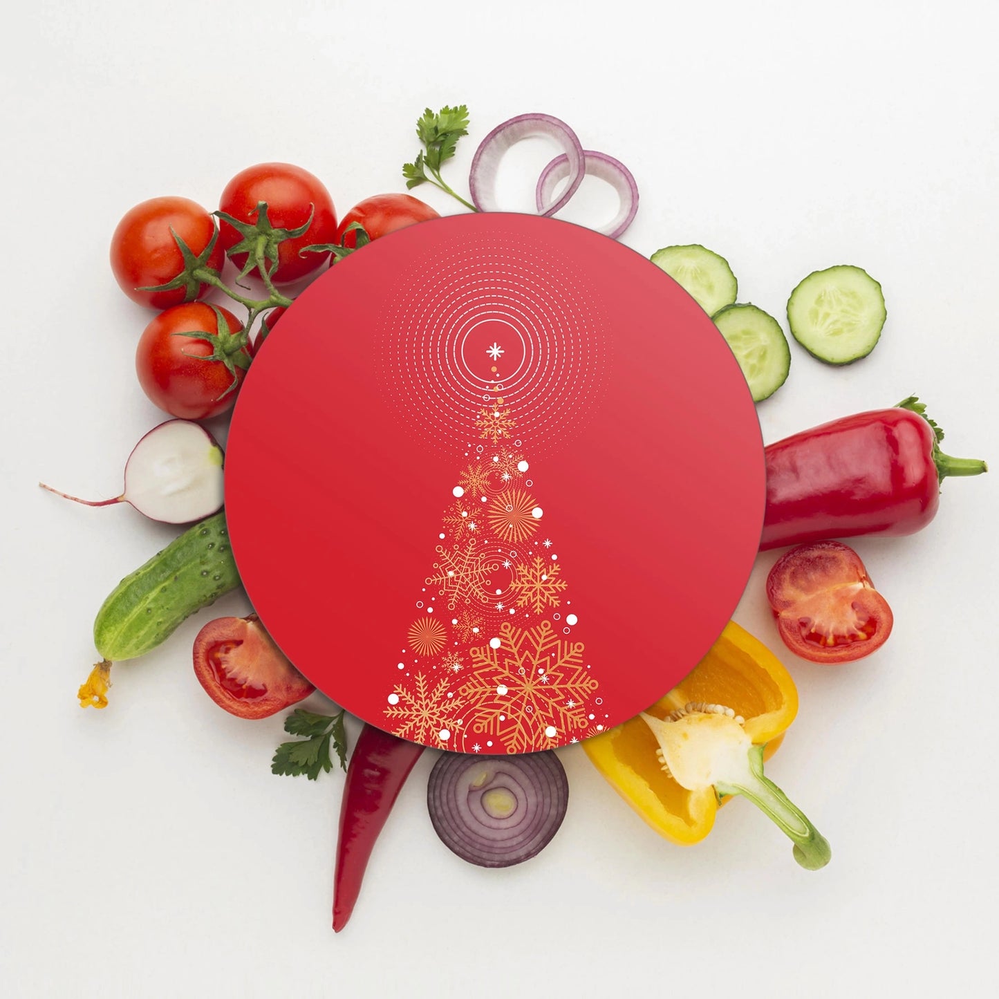 Tempered 12 inch Round Glass Cutting Board - Red Christmas Christmastree