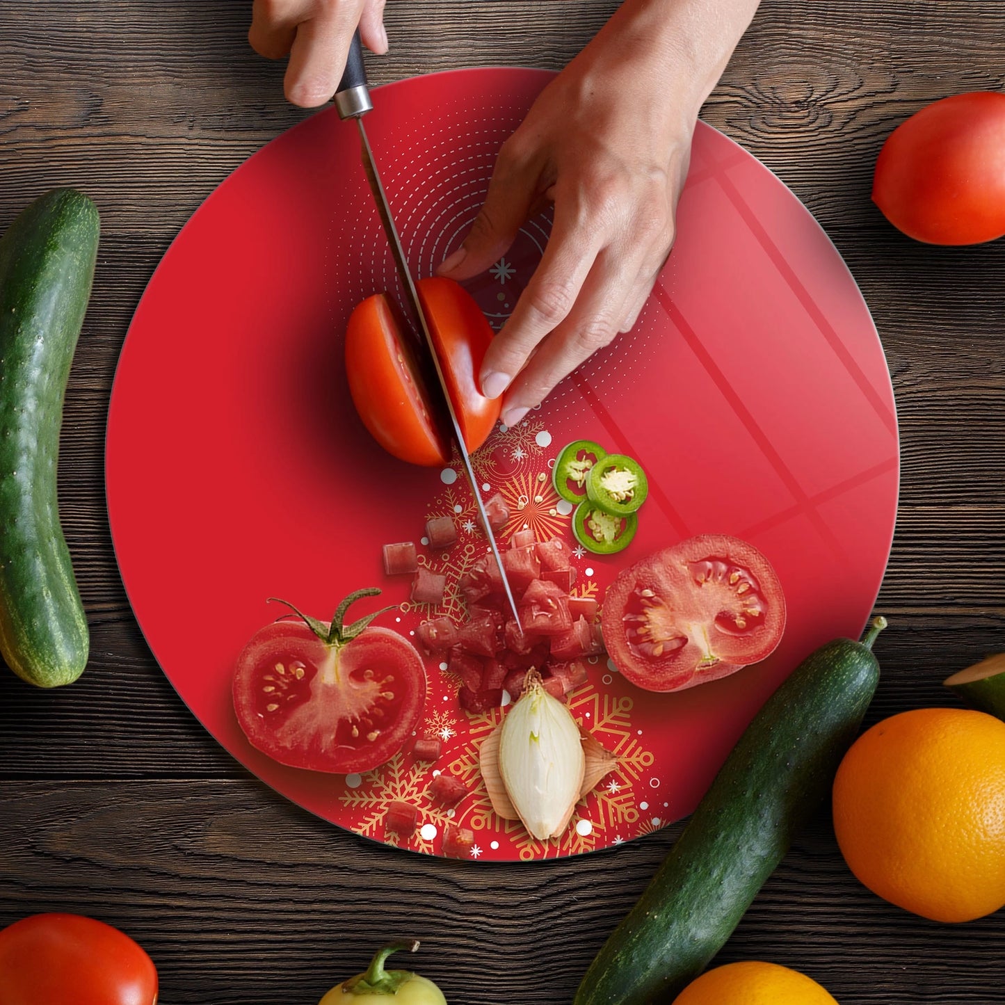 Tempered 12 inch Round Glass Cutting Board - Red Christmas Christmastree