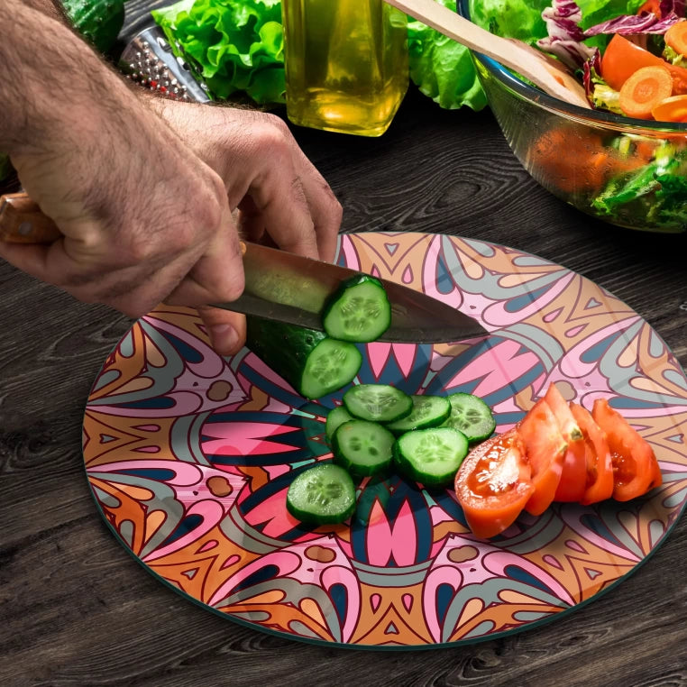 Tempered 12 inch Round Glass Cutting Board - Round Mandala