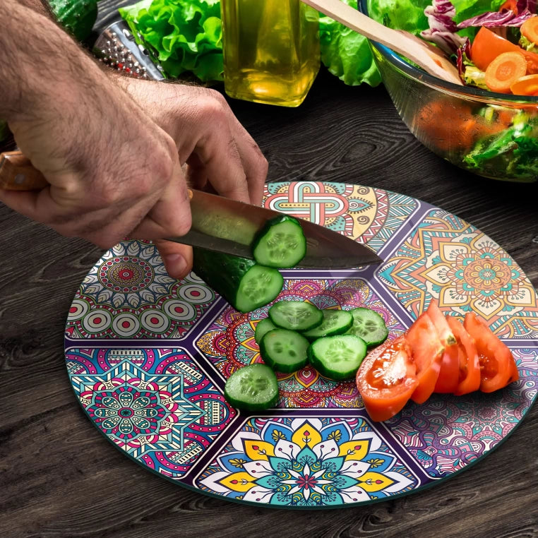 Tempered 12 inch Round Glass Cutting Board - Mandala