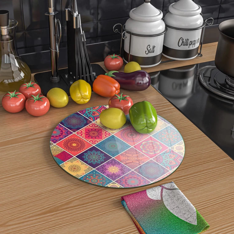 Tempered 12 inch Round Glass Cutting Board - Small Tiles