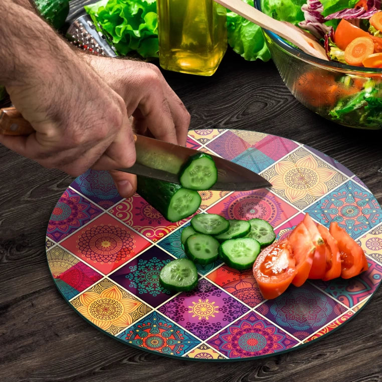 Tempered 12 inch Round Glass Cutting Board - Small Tiles