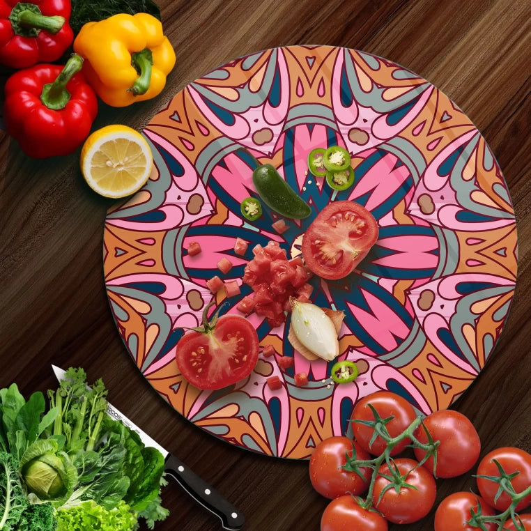 Tempered 12 inch Round Glass Cutting Board - Round Mandala