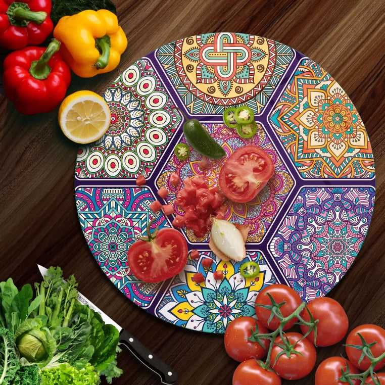 Tempered 12 inch Round Glass Cutting Board - Mandala