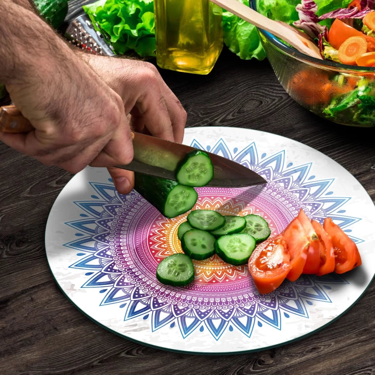 Tempered 12 inch Round Glass Cutting Board - Mandala Sun