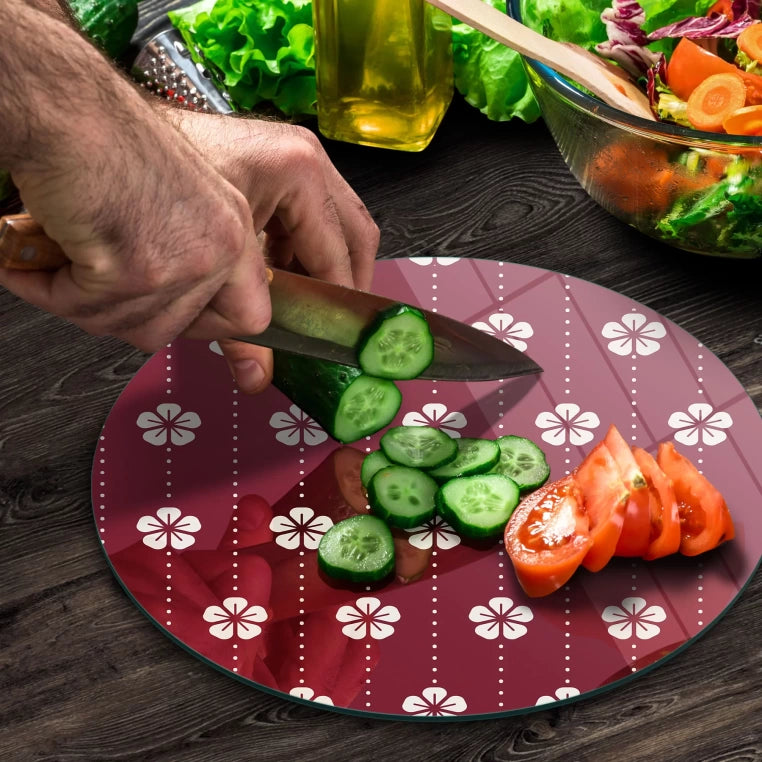 Tempered 12 inch Round Glass Cutting Board - Small White Flowers