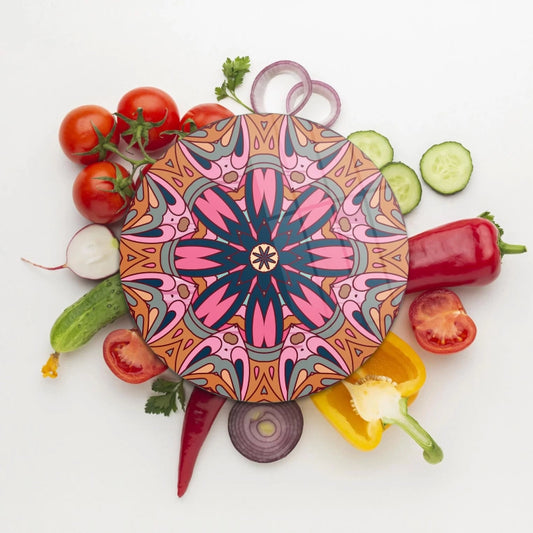 Tempered 12 inch Round Glass Cutting Board - Round Mandala