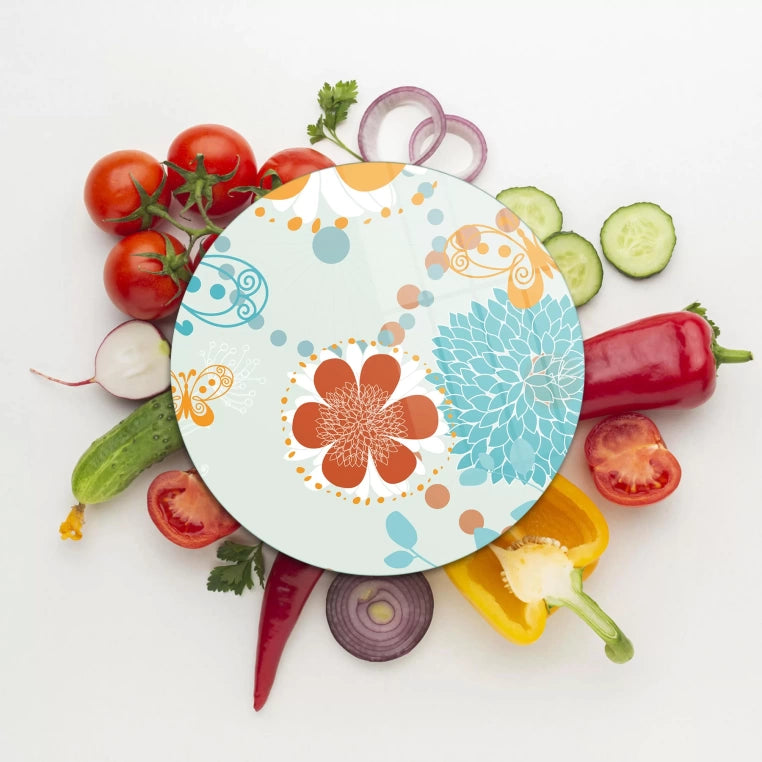 Tempered 12 inch Round Glass Cutting Board - Pastel Flowers