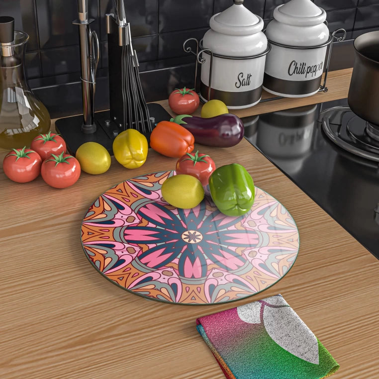 Tempered 12 inch Round Glass Cutting Board - Round Mandala