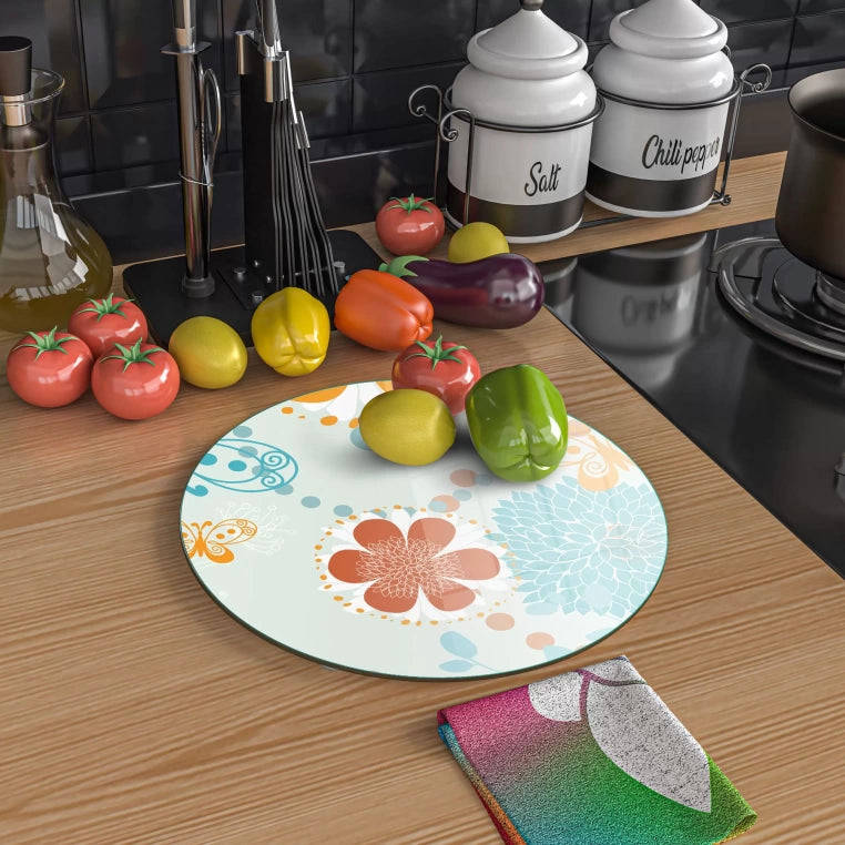 Tempered 12 inch Round Glass Cutting Board - Pastel Flowers