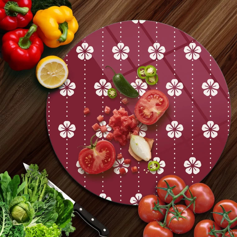 Tempered 12 inch Round Glass Cutting Board - Small White Flowers