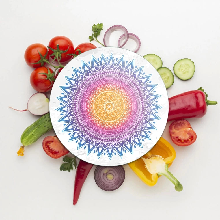 Tempered 12 inch Round Glass Cutting Board - Mandala Sun