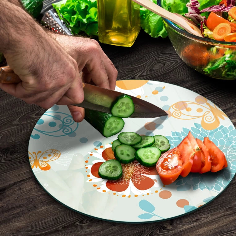 Tempered 12 inch Round Glass Cutting Board - Pastel Flowers