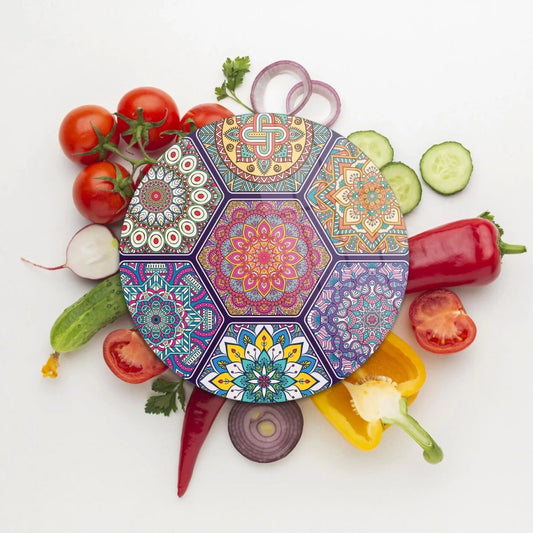 Tempered 12 inch Round Glass Cutting Board - Mandala