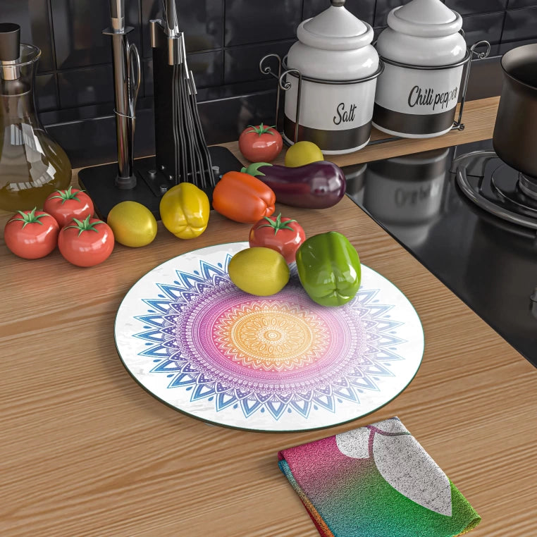 Tempered 12 inch Round Glass Cutting Board - Mandala Sun