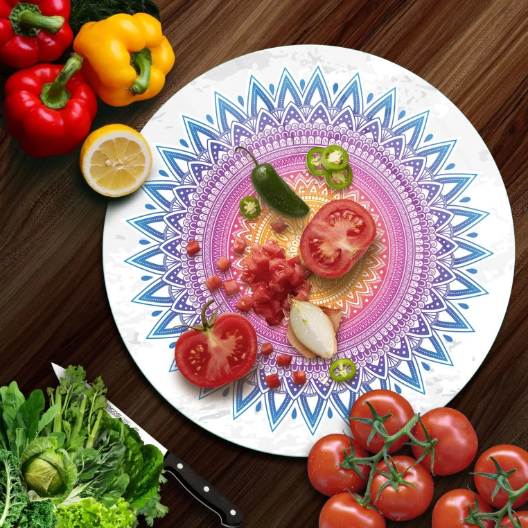 Tempered 12 inch Round Glass Cutting Board - Mandala Sun