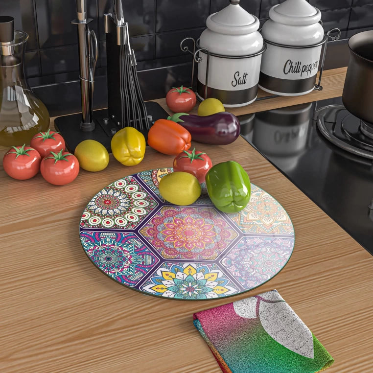 Tempered 12 inch Round Glass Cutting Board - Mandala