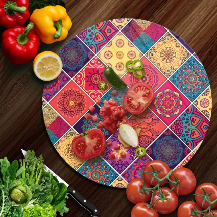 Tempered 12 inch Round Glass Cutting Board - Small Tiles