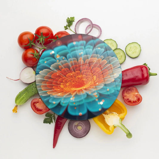 Tempered 12 inch Round Glass Cutting Board - Digital Flower