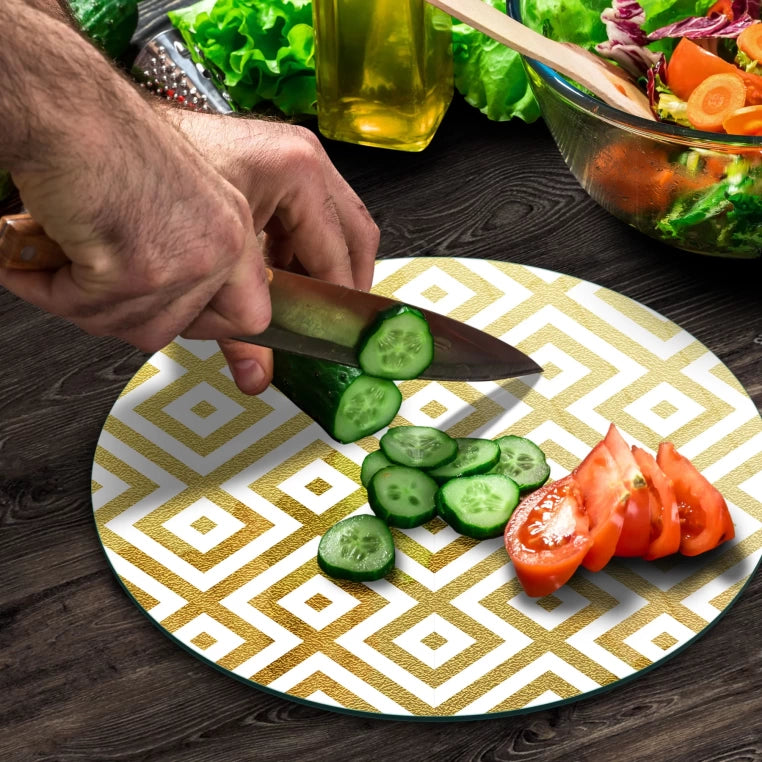 Tempered 12 inch Round Glass Cutting Board - Golden Kilim