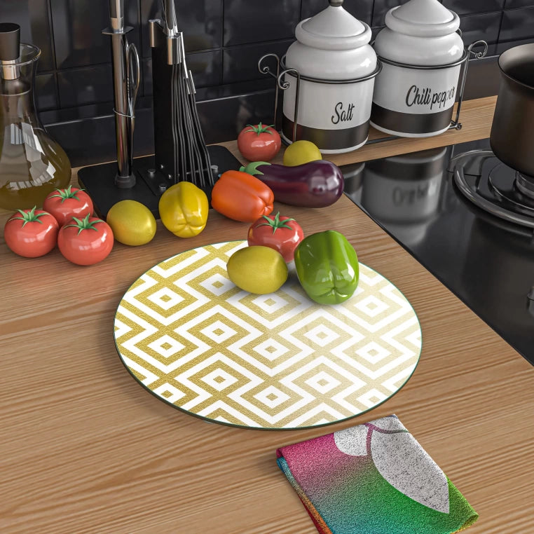 Tempered 12 inch Round Glass Cutting Board - Golden Kilim