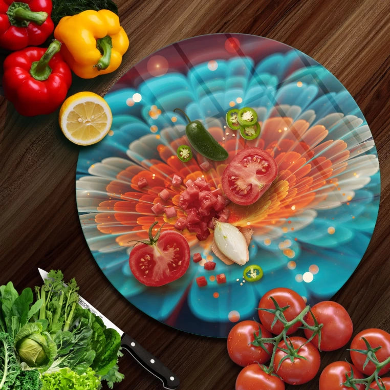 Tempered 12 inch Round Glass Cutting Board - Digital Flower