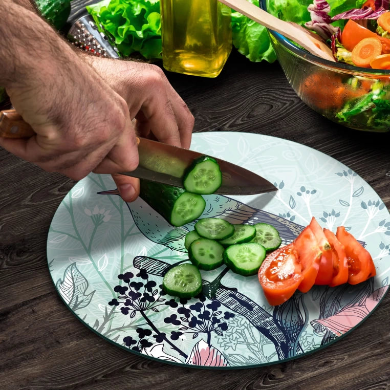 Tempered 12 inch Round Glass Cutting Board - Green Bird on a Branch