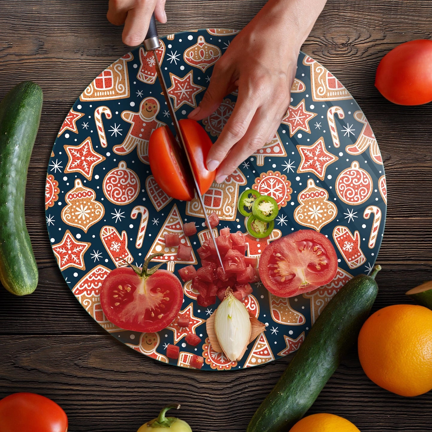 Tempered 12 inch Round Glass Cutting Board - Christmas Cookies