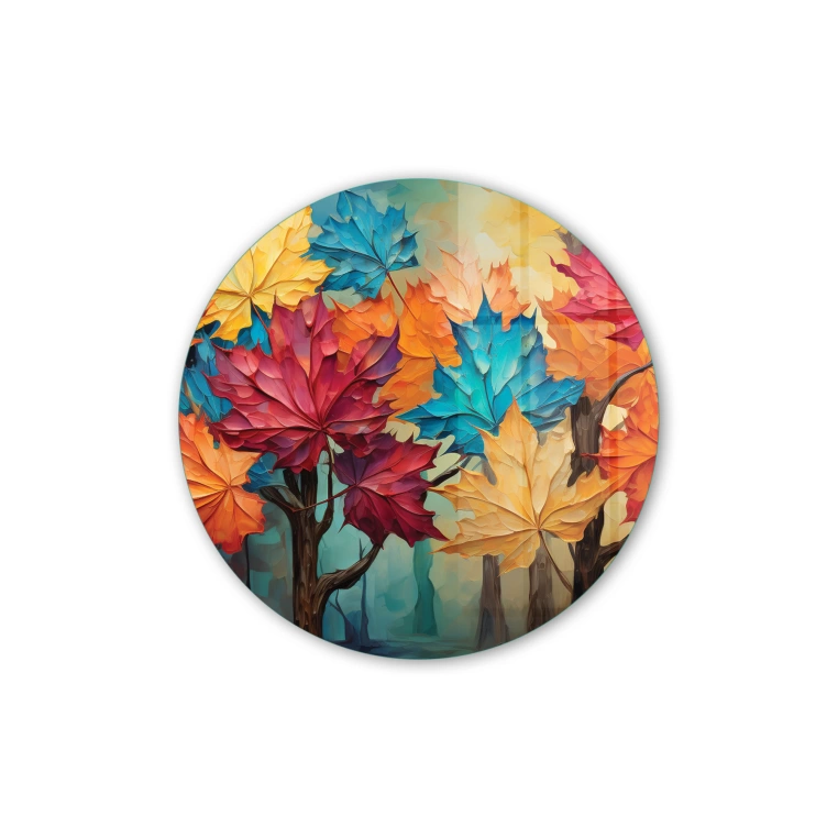 Vivantes Circle Glass Wall Art in 12" Diameter-Colored Fall Leaves