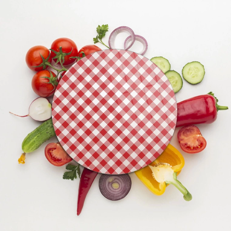 Tempered 12 inch Round Glass Cutting Board - Red White Tablecloth