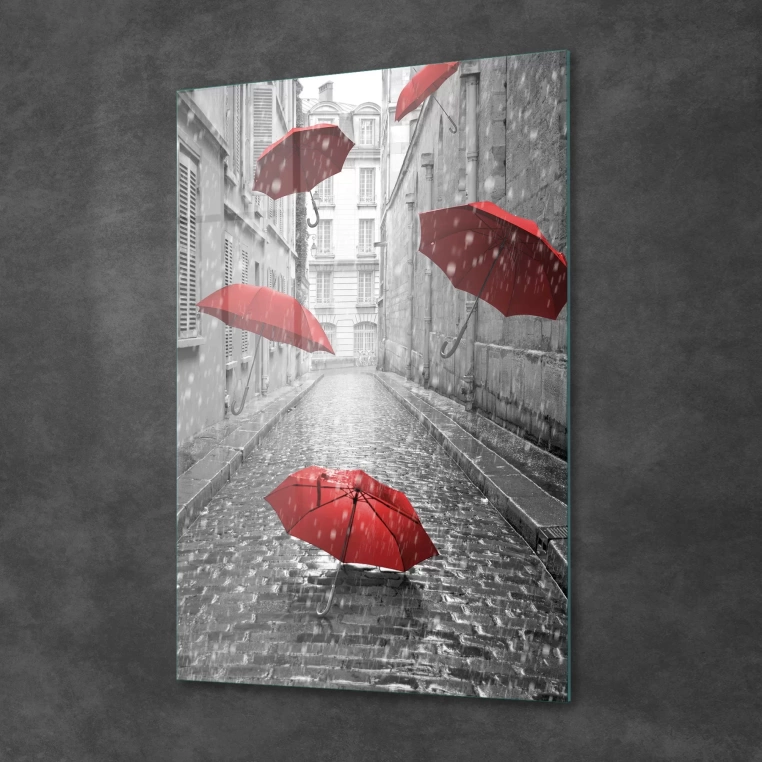 Vivantes Tempered Glass Wall Art - Flying Red Umbrellas