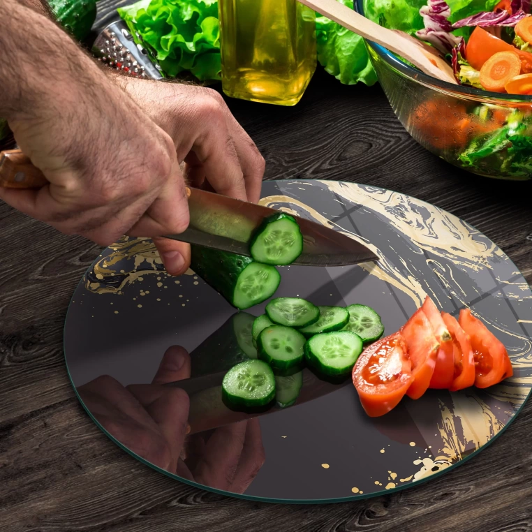 Tempered 12 inch Round Glass Cutting Board - Golden Splashed Marble